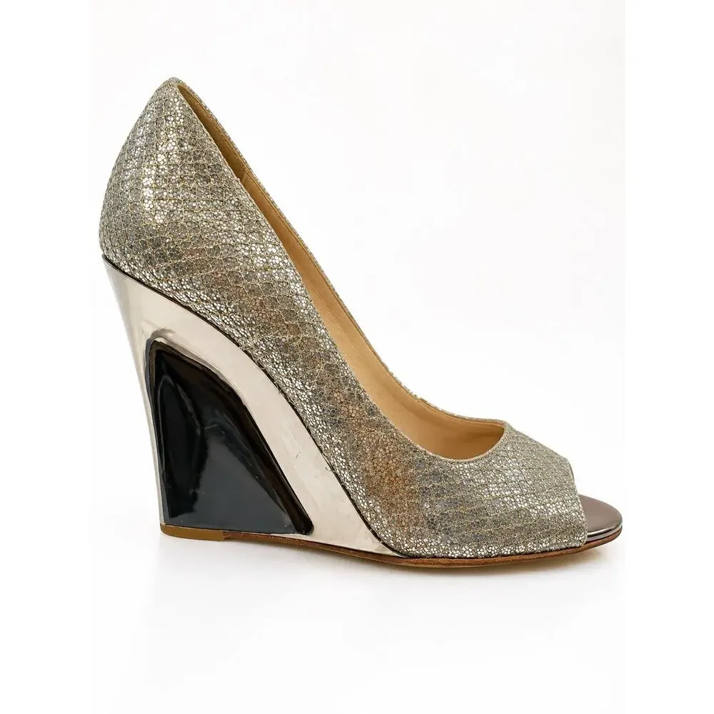 Jimmy Choo Metallic Glitter Peep Toe Wedge Heels – Women’s EU 36.5 / US 6–6.5